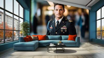 Portrait of a handsome young man in a military uniform. Selective focus. Wall mural