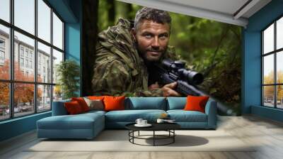 Portrait of a man with a machine gun in the forest. Wall mural