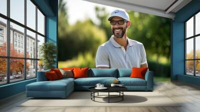 Portrait of a smiling male golfer standing with arms crossed at golf course Wall mural