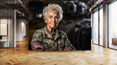 Portrait of an elderly woman in military uniform. Selective focus. Wall mural