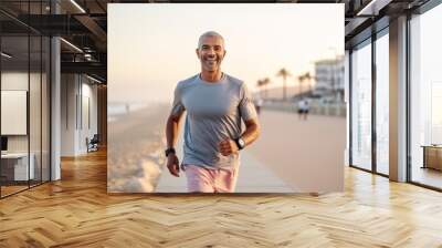 Portrait of happy senior man jogging on the beach at sunrise Wall mural