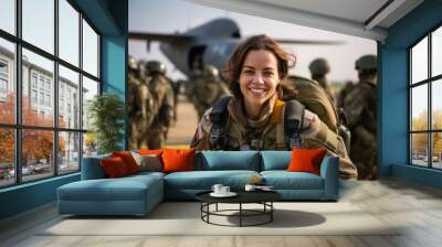 Portrait of smiling female soldier with backpack standing in front of military airplane Wall mural