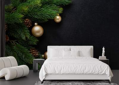 Christmas deco with fir and baubles on dark Wall mural