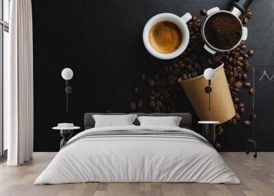 Coffee beans and espresso on dark background Wall mural