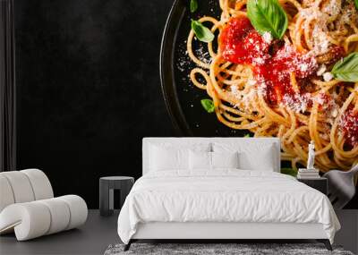 Dark plate with italian spaghetti on dark Wall mural