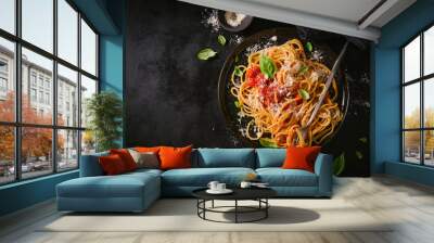 Dark plate with italian spaghetti on dark Wall mural