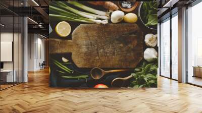 Fresh vegetables with board on wooden table Wall mural