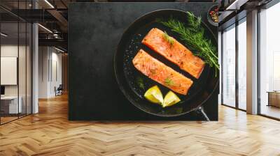 Raw salmon fish on vintage pan Wall mural