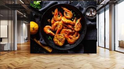 Roasted shrimps on pan Wall mural