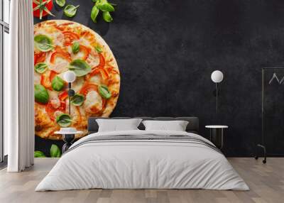 Tasty vegetarian pizza on dark background Wall mural