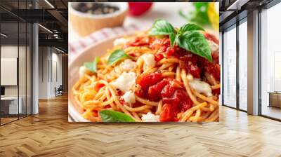 Spaghetti pasta with tomato sauce, mozzarella cheese and fresh basil in plate on white wooden background. Selective focus. Wall mural