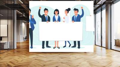 Business smiling people with white sheets. Happy Office characters with banners. Success and team working concept. Vector illustration, cartoon flat funky people. Wall mural