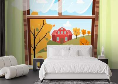 Cozy autumn window with beautiful fall view with trees, house and field. Book, apple and cup of tea on the windowsill. Hygge concept. Vector illustration cartoon flat style. Wall mural