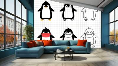 Penguin with mask isolated silhouette outline clip art. Animal bird vector illustration for cutting software. Simple flat cartoon Christmas design. Transparent.  Wall mural