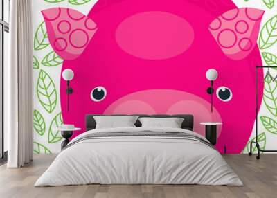 Pink pig on the white background with green leaves. The symbol of 2019 year. Vector illustration, cartoon baby style. Wall mural