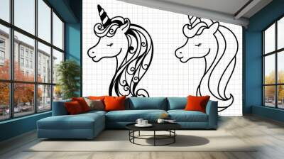 Unicorn face head cartoon clip art. Silhouette vector flat illustration. Cutting file. Suitable for cutting software. Cricut, Silhouette. Wall mural