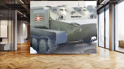 Exhibition of military equipment weapons. Tanks, armored personnel carriers, rocket launchers. Wall mural