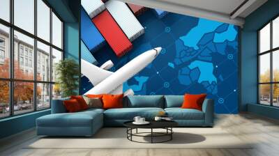 Container cargo ship and airplane in import export on digital world map, 3d rendering Wall mural