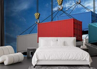 Crane hook with a cargo container for text, 3d render Wall mural