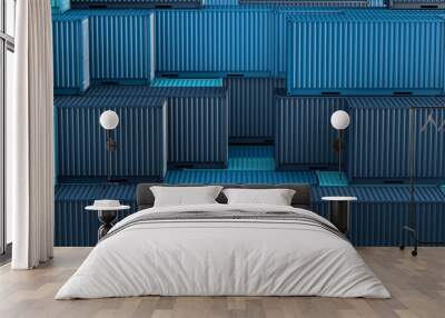 Stack of blue containers box, Cargo freight ship for import export 3D Wall mural