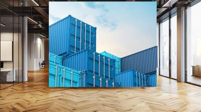 Stack of blue containers box, Cargo freight ship for import export 3D Wall mural