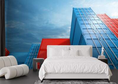 Stack of containers box background, Cargo freight ship for import export business, 3d rendering Wall mural