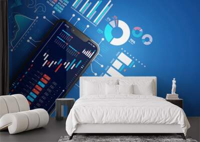 trading stock market on smartphone and blue business investment graph chart background, 3d rendering Wall mural