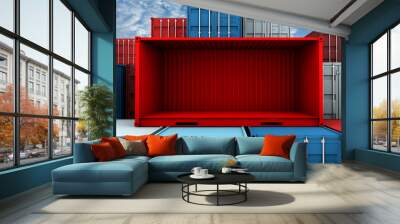 Whole side and empty red container box at cargo freight ship Wall mural