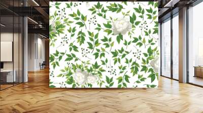 Beautiful pattern seamless of different green leaves and flower rose hand drawn watercolor style fresh rustic eco. Vector decorative cute elegant illustration isolated white background Wall mural