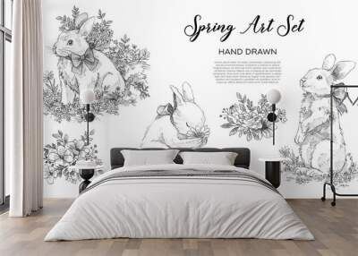 Beautiful spring art set with easter bunny with a bow and flowers hand drawn line. Wall mural