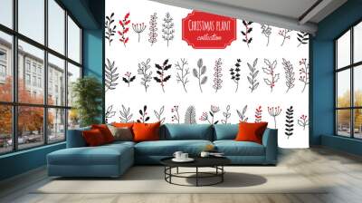 Hand drawn vector christmas floral elements. Branches and plants botanical collection. Element isolated on white background. Wall mural