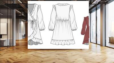 women's dress, ruffles, fashion flat sketch vector illustration, cad, technical drawing, flat drawin Wall mural