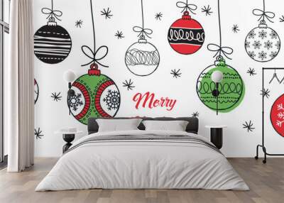 Merry Christmas greeting card red and green with modern baubles. Vector illustration. Wall mural