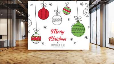 merry christmas greeting card red and green with modern baubles. vector illustration. Wall mural