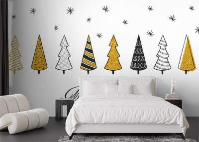 New Year and Christmas greeting cards. Flat design black and gold modern christmas tree vector illustrations.  Wall mural