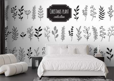 Set hand drawn vector christmas floral elements. Branches and plants botanical collection. Element isolated on white background. Wall mural