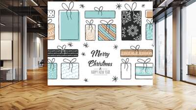 Set of hand drawn modern christmas gifts. Decoration isolated elements. Doodles and sketches vector illustration Wall mural