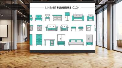 Set room furniture and hand drawn line icons. Outline illustration of interior architecture vector for web design  Wall mural