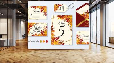 Wedding Invitation, menu, rsvp, label, table number, envelope. Leafy design autumn foliage collection. oak, maple, chestnut and ash. Decorative frame print. Vector elegant cute rustic greeting, invite Wall mural