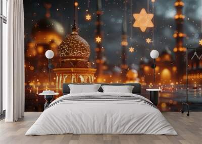 Ramadan holiday card with traditional symbols - month, mosque, lantern. Festive atmospheric background. Wall mural