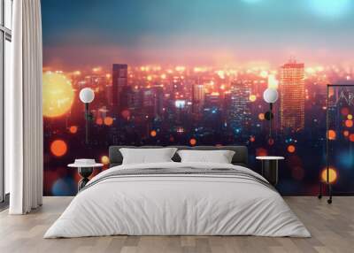 Abstract City Skyline with Bokeh Lights & Financial Icons - Creative Urban Business Growth Concept for Corporate Advertisements & Banners Wall mural