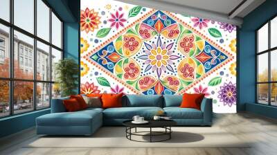 Flat Eco-Conscious Watercolor Rangoli Celebration Tiles: Seamless Patterns with Biodegradable Confetti, Eco-Friendly Fireworks, and Reusable Decor in Soft Colors Wall mural