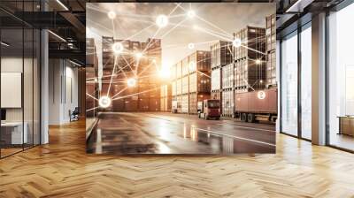 Smart Business Logistics Hub: AI-Powered Transformation for Cost Management and Efficiency - Modern Flat Vector Illustration with Digital Tracking Systems and Glowing Data Points in Glossy Design Conc Wall mural