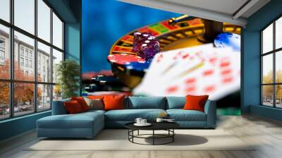 Casino set with Roulette, cards, dice and chips Wall mural