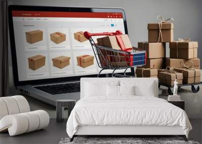 A laptop computer is on a table with a shopping cart and boxes Wall mural