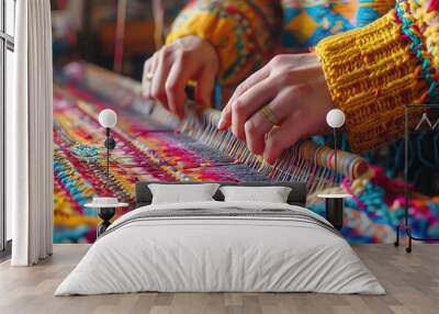 A skilled artisan weaving a colorful tapestry on a traditional loom Wall mural