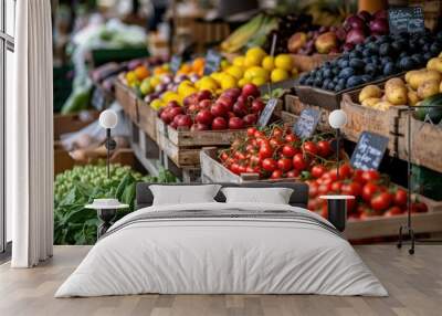  Crates of ripe red and yellow tomatoes alongside a variety of green vegetables, showcased at a local farmer's market Wall mural