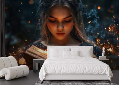 A beautiful young witch stands in a mystical forest, casting a spell from an ancient magic book, surrounded by sparkling lights and enchantment. Wall mural