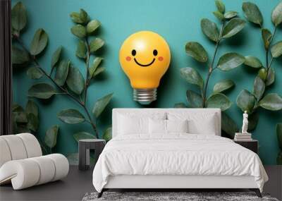 A bright yellow light bulb featuring a smiling face is surrounded by vibrant green plants, creating a lively and cheerful flat lay banner ideal for uplifting messages. Wall mural