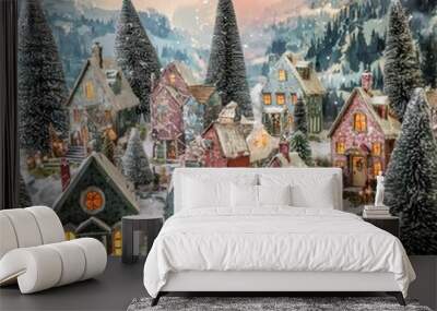 A cozy village filled with colorful houses and snow-dusted trees, illuminated by warm lights under a soft winter sky. Wall mural